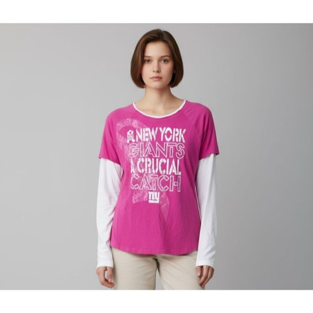 Reebok Womens Cotton Pink & White New York Giants LS Shirt Size L Breast Cancer